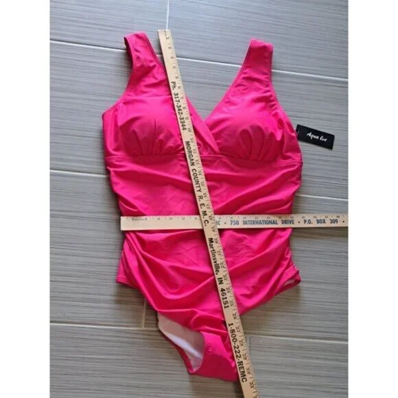 Aqua Eve Womens Plus Size 18W Hot Pink One-Piece Swimsuit Ruched V-Neck NEW Tags - Picture 11 of 12